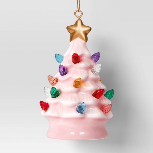 ❤️ CHRISTMAS LIT CERAMIC RETRO HOLIDAY ORNAMENT PINK NEW - Picture 3 of 4